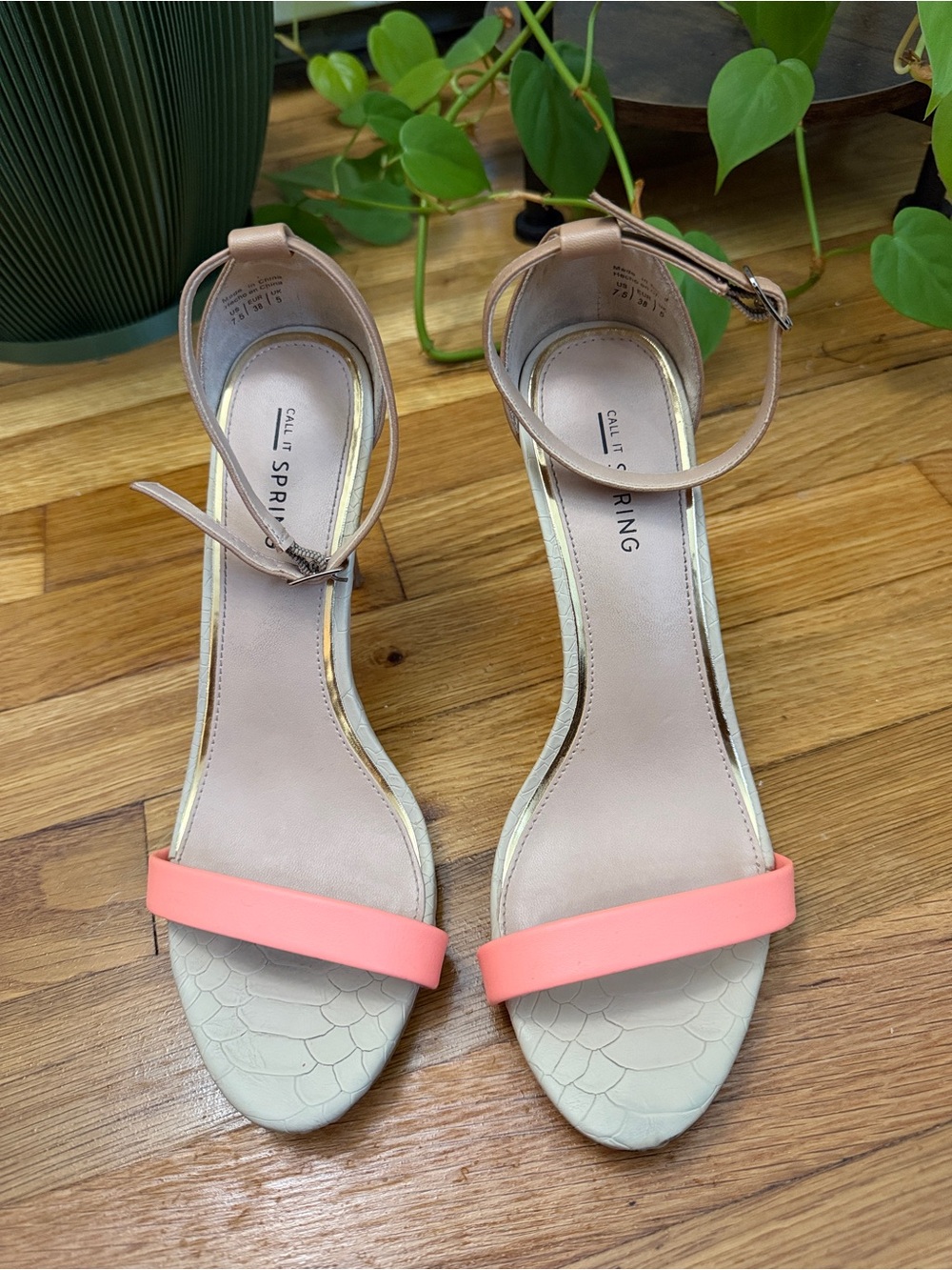Call It Spring | Coral Strap Ankle-Heel Sandals with Cream Footbed